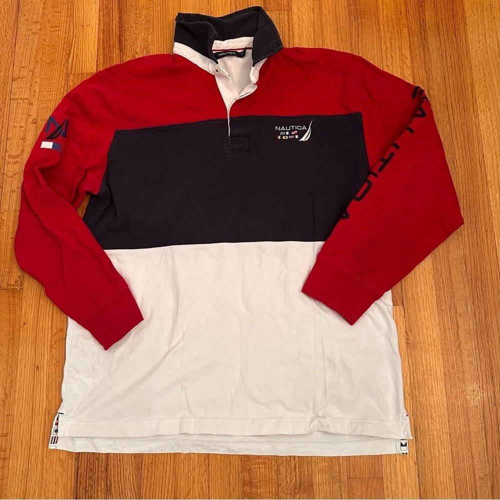 Nautica Color Block Red White Men's Sz XL Long Sleeve Rugby Polo Collared Shirt